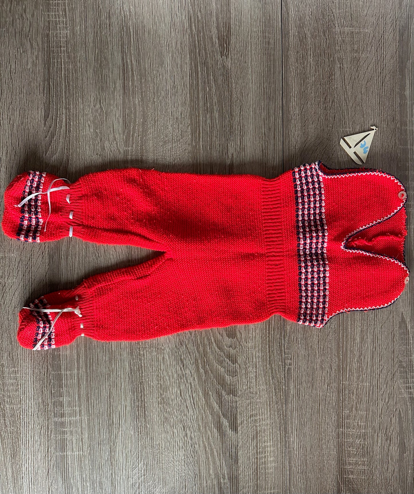 Retro Vintage Handmade Strickstrampler rot blau Gr.74