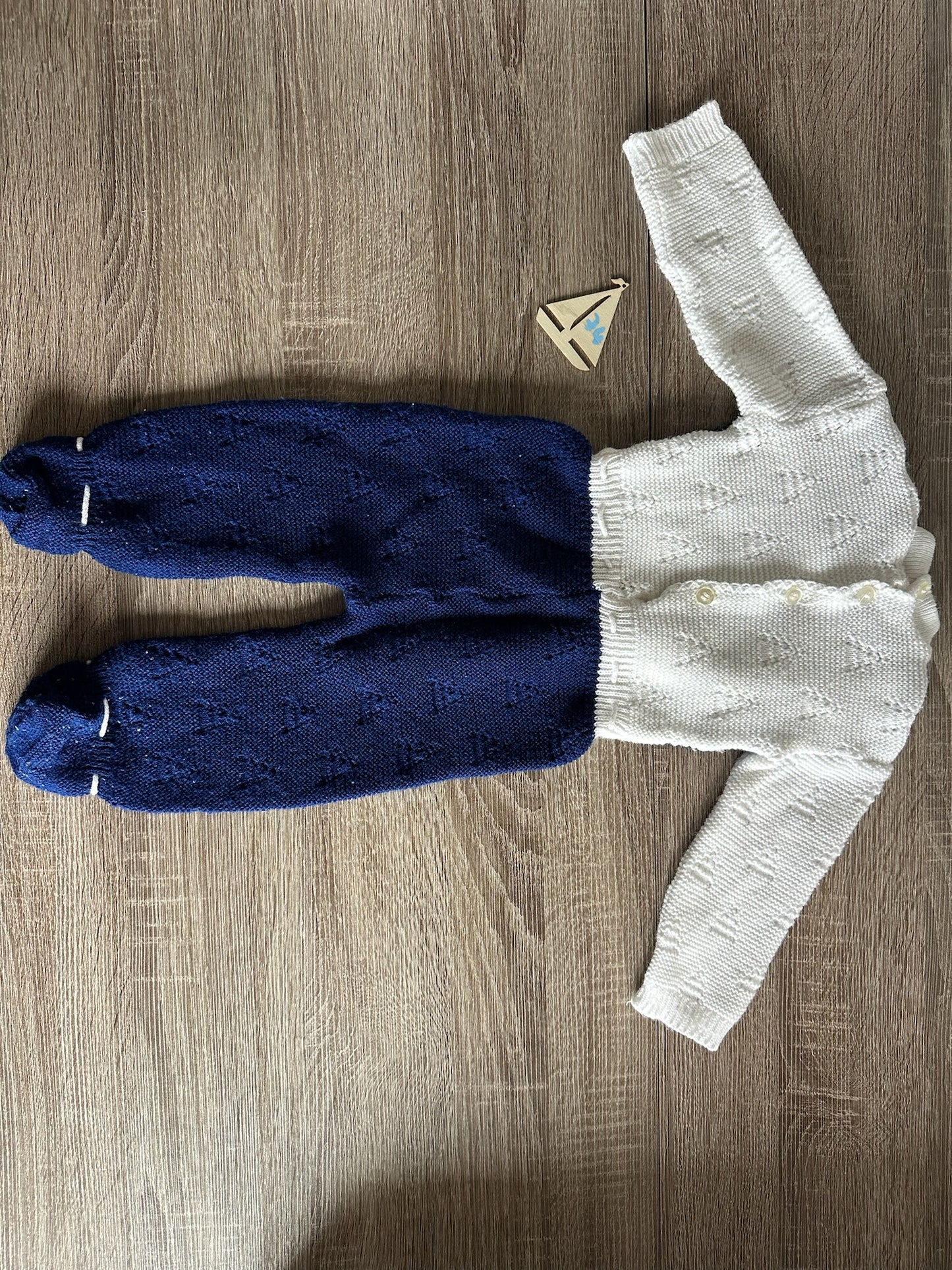 Retro Vintage Handmade Strickstrampler blau weiß Gr.74