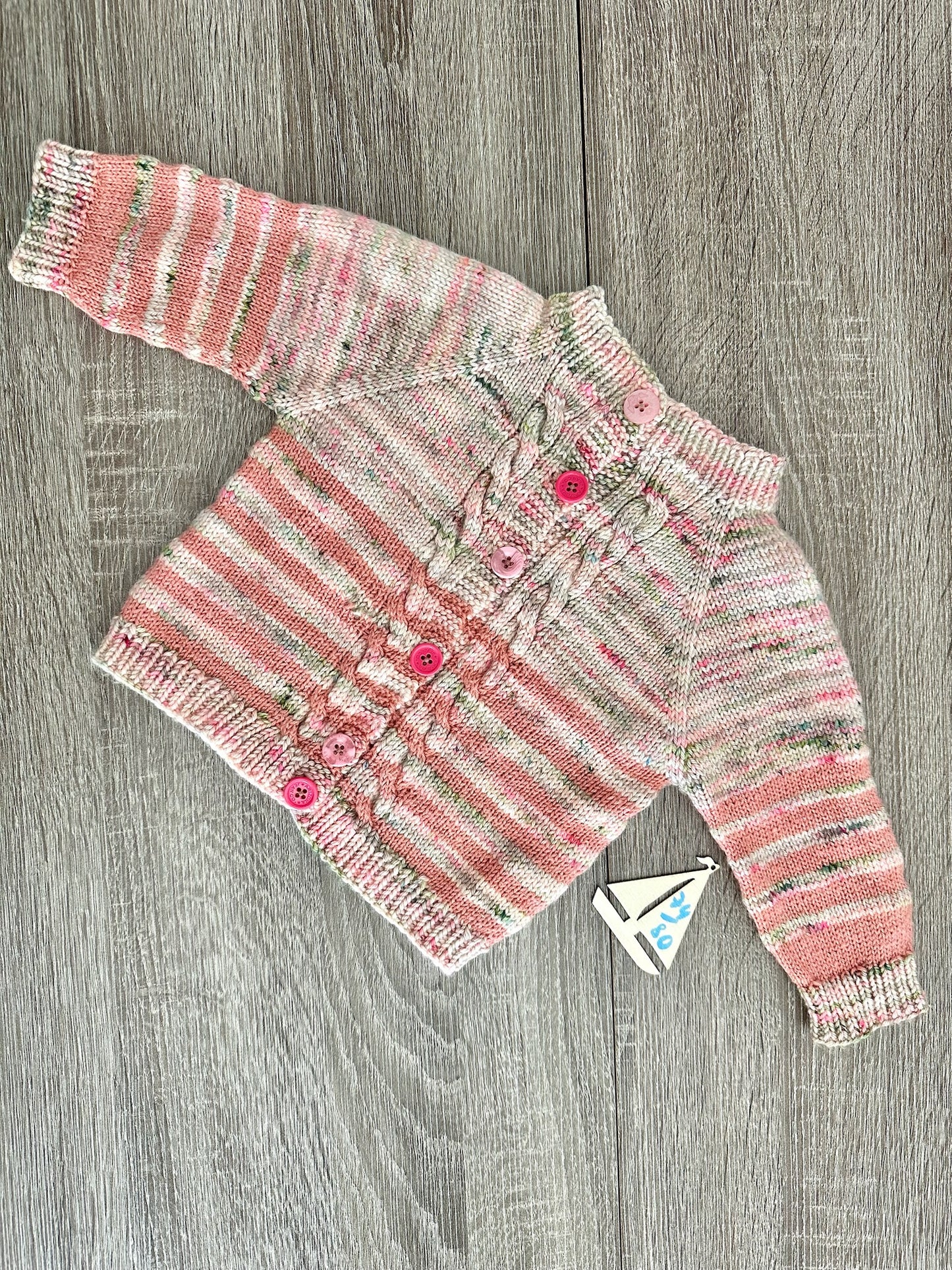 Handmade Strickjacke Wolle rosa/grün/creme gestreift Gr.74/80