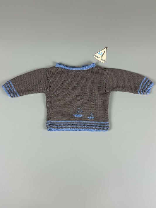 Handmade gestrickter Pullover grau/blau mit Schiffen Gr.62
