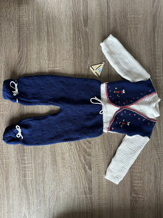 Retro Vintage Handmade Strickstrampler blau weiß Gr.74