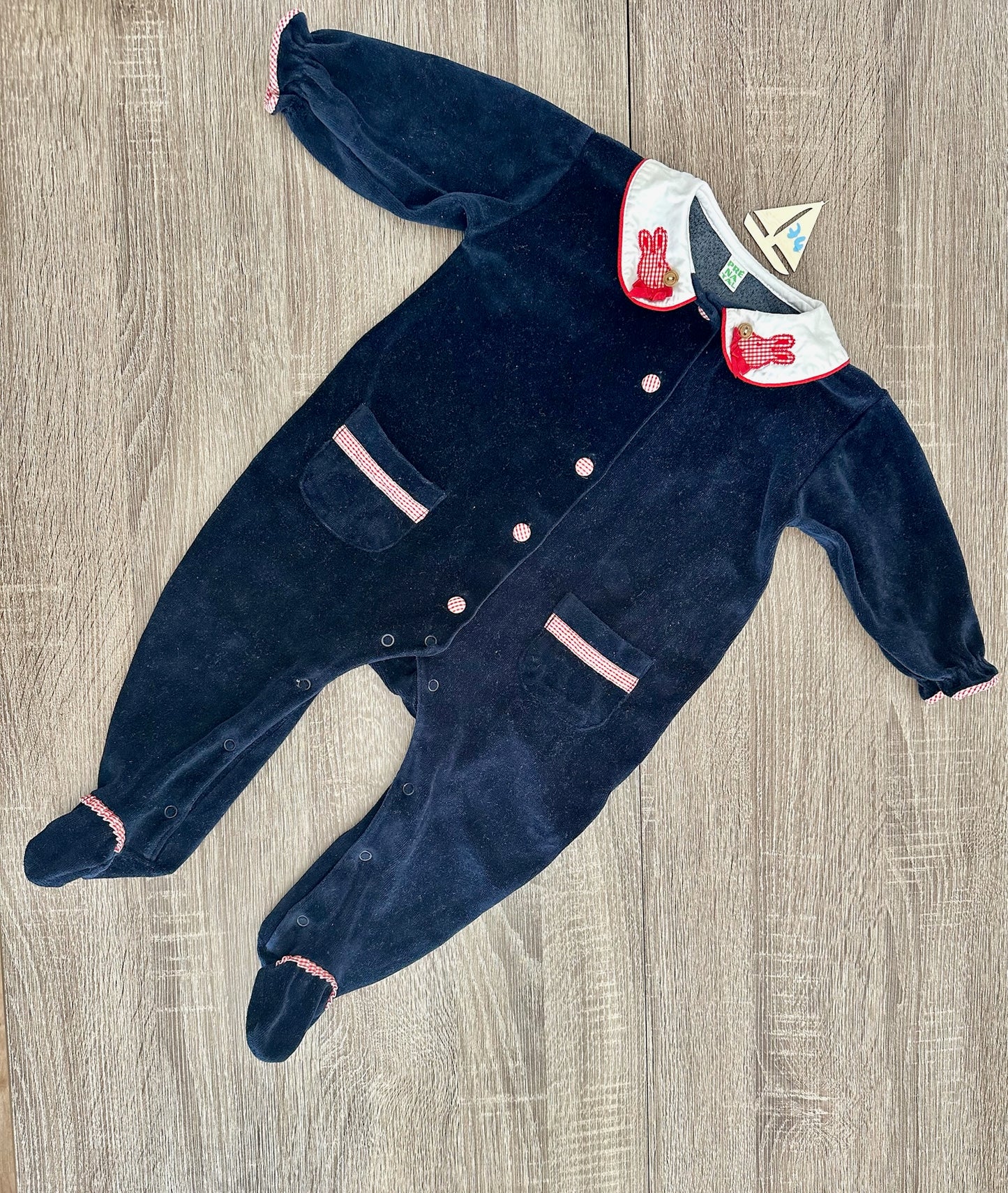 Prenatal retro vintage Strampler Samt dunkelblau mit weißen Kragen Gr.74