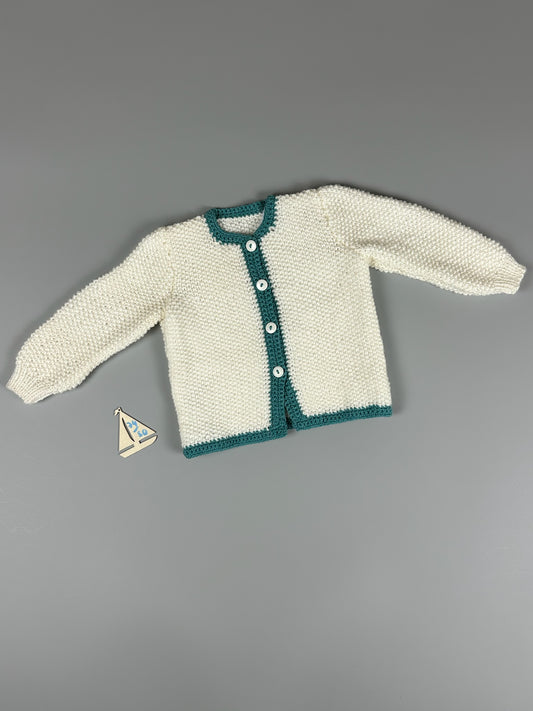 Handmade Strickjacke weiß/petrolgrün Gr.74/80