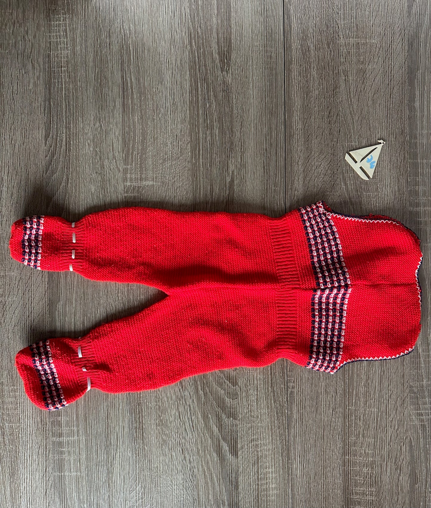 Retro Vintage Handmade Strickstrampler rot blau Gr.74