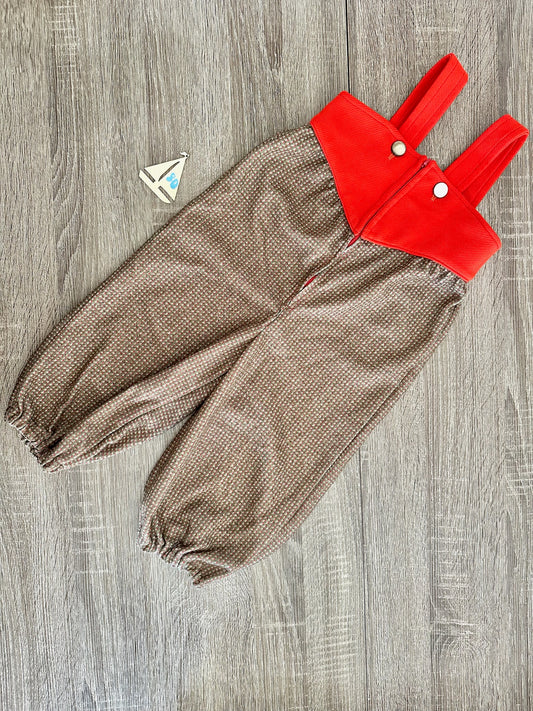 Handmade Retro Vintage Latzhose mit Reißverschluss rot/grün gemustert Gr.80