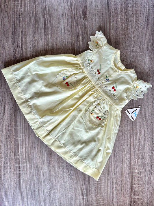 Retro Vintage Kleid kurzarm gelb mit Früchten und Rüschen Gr.74