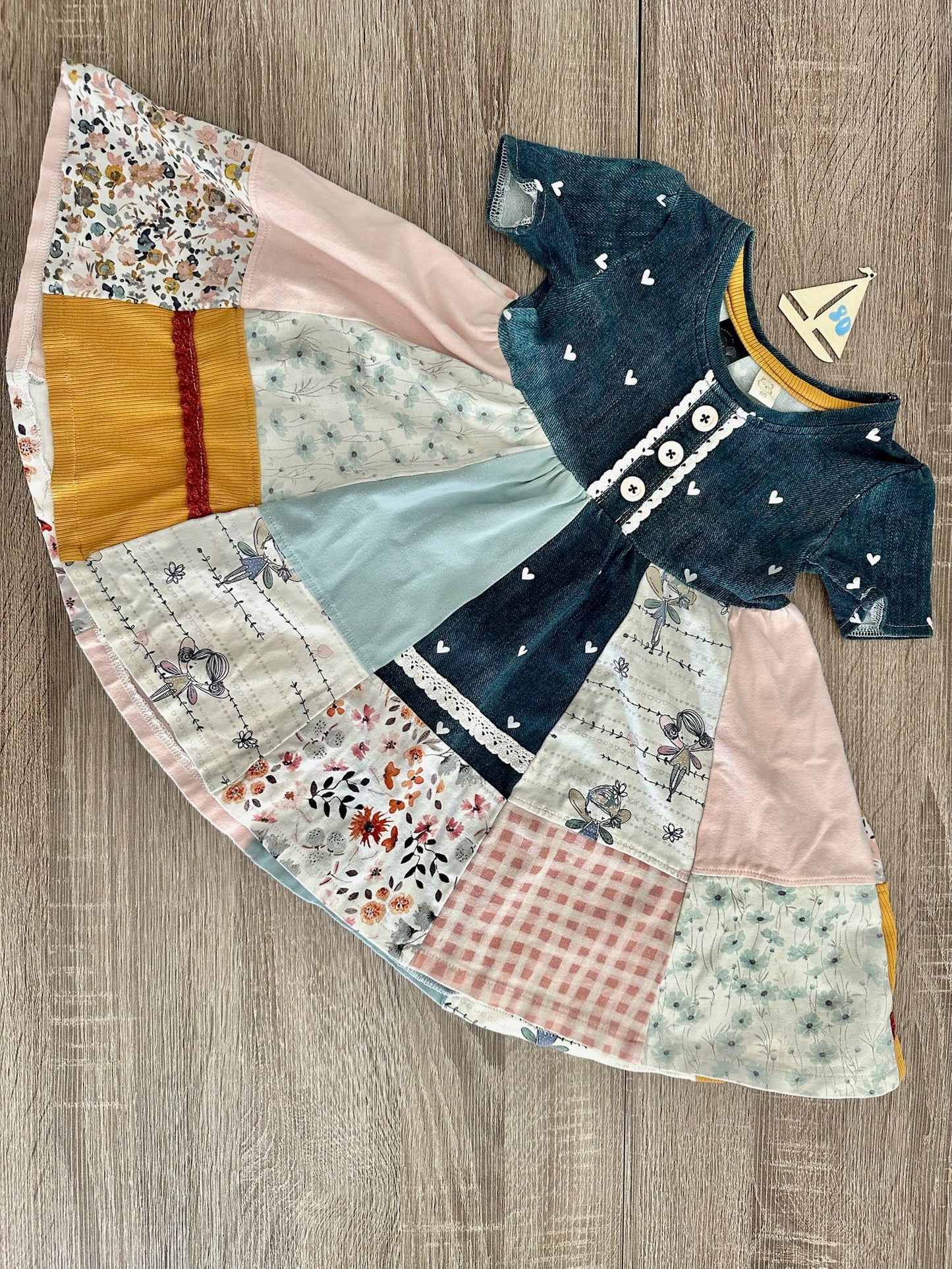 Handmade Tshirtkleid Patchwork blau/rosa gemustert Gr.80