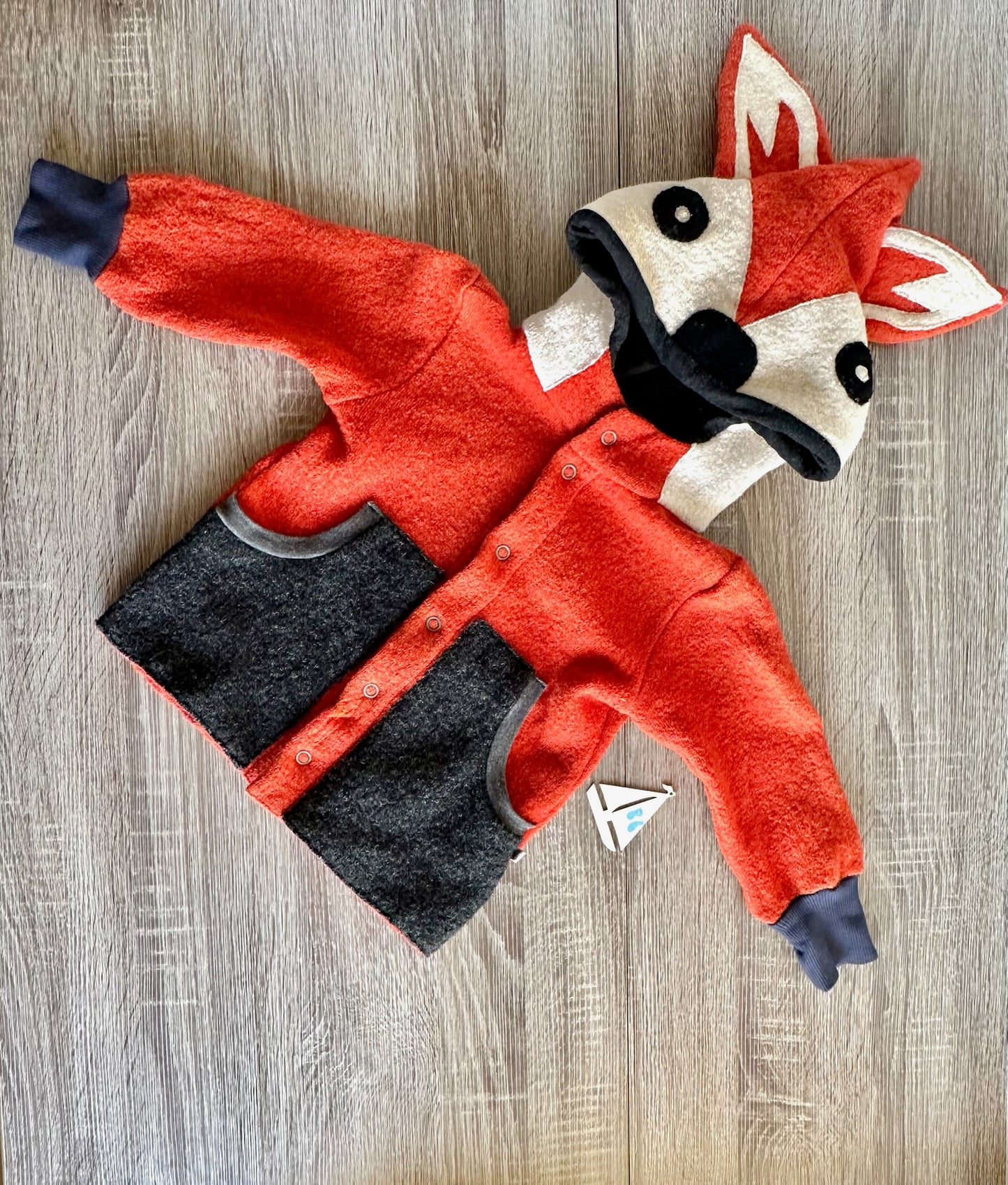Little Z handmade Wollwalkjacke orange grau mit Fuchsmotiv Gr.86
